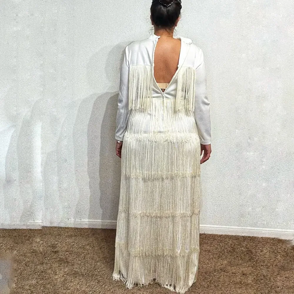 White Vintage Fringe Long Sleeve Maxi Dress Sz M - Picture 11 of 13